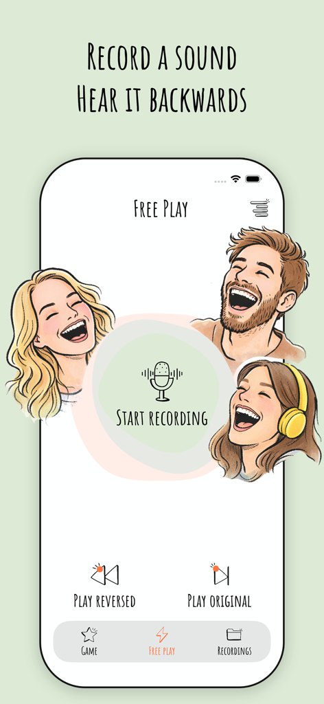 웃고 있는 사람들의 그림과 녹음 버튼이 특징인 Reverse Singing 앱 무료 플레이 화면 스크린샷