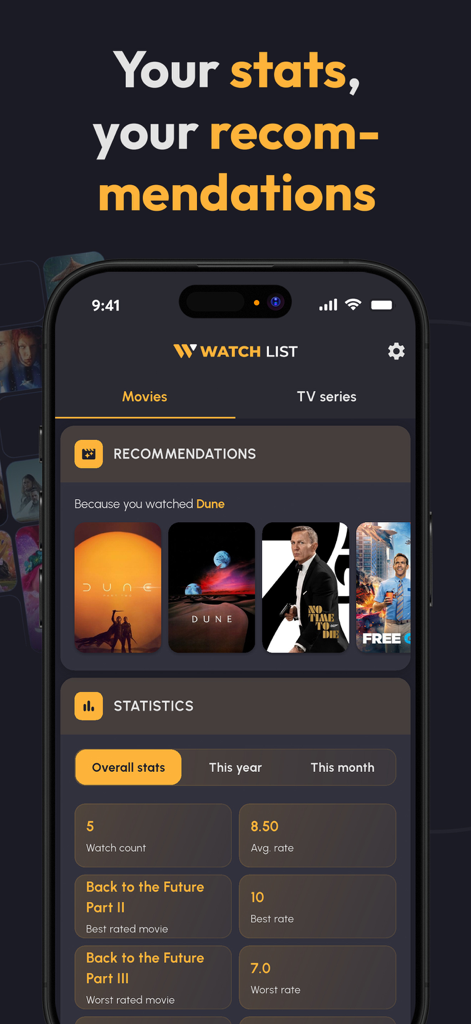 Watch List: TV Series & Movies - Una interfaz móvil para la aplicación Lista de Ver que muestra recomendaciones de películas y estadísticas de visualización como recuento de visualizaciones y calificaciones promedio.