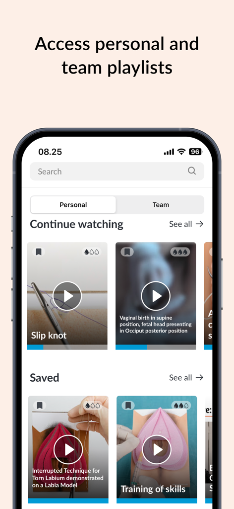 GynZone app interface showing personal and team video playlists for obstetric and gynecological training