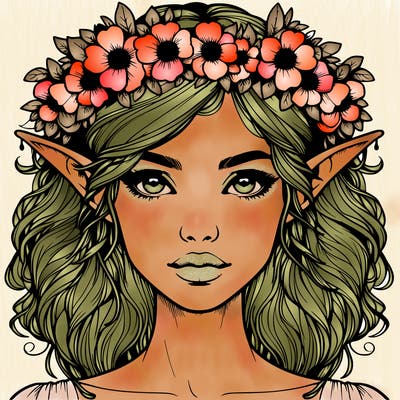 realistic female elf with flower crown