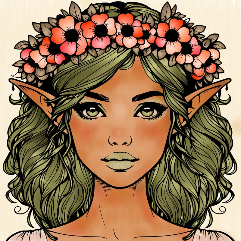 realistic female elf with flower crown