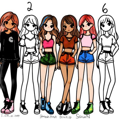 a group of girls wearing crop tops and shorts