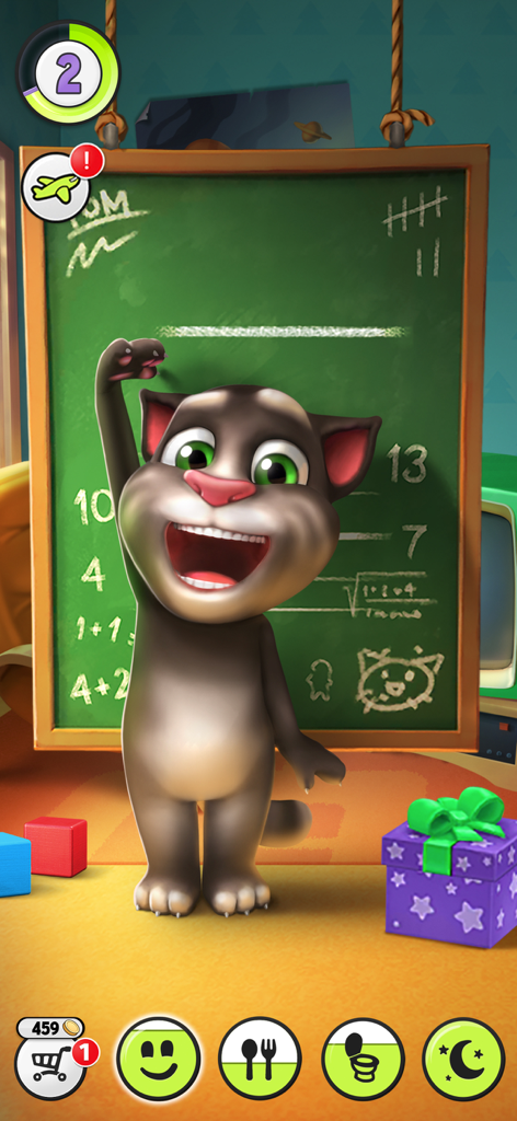 Gato Talking Tom em pé na frente de um quadro-negro verde