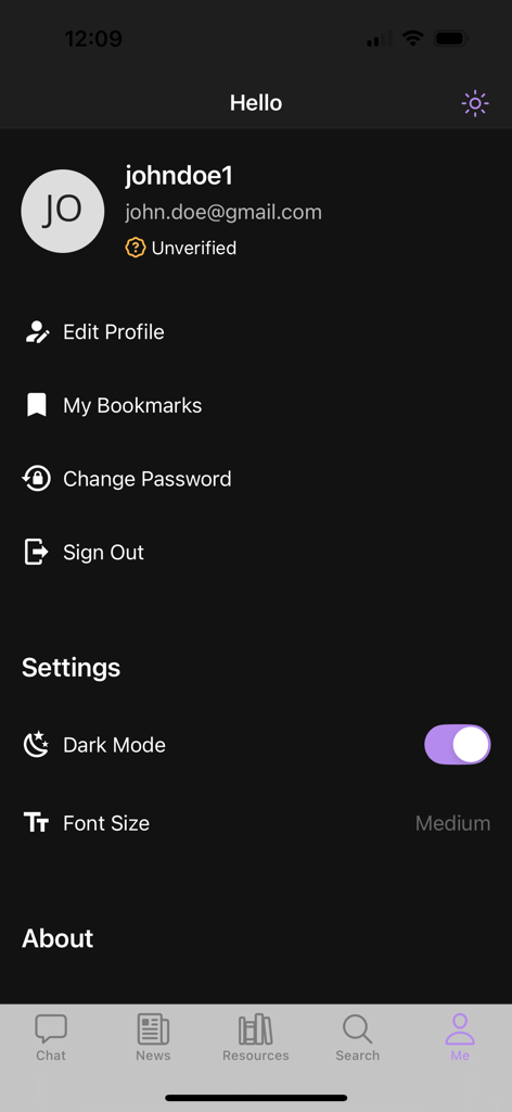GST Press - GST Press app user profile and account settings page in dark mode