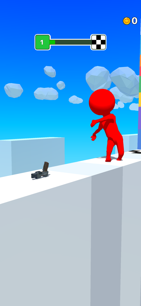 Gun Sprint - Jugabilidad de Gun Sprint mostrando una pistola en una pista blanca frente a un personaje rojo.