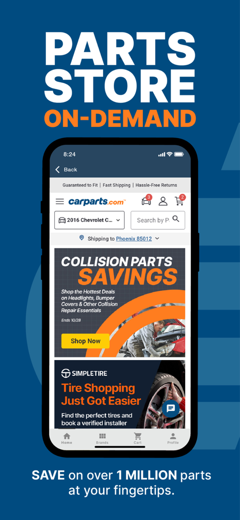 CarParts.com - CarParts.com app interface showing on-demand auto parts store with collision parts savings and tire shopping