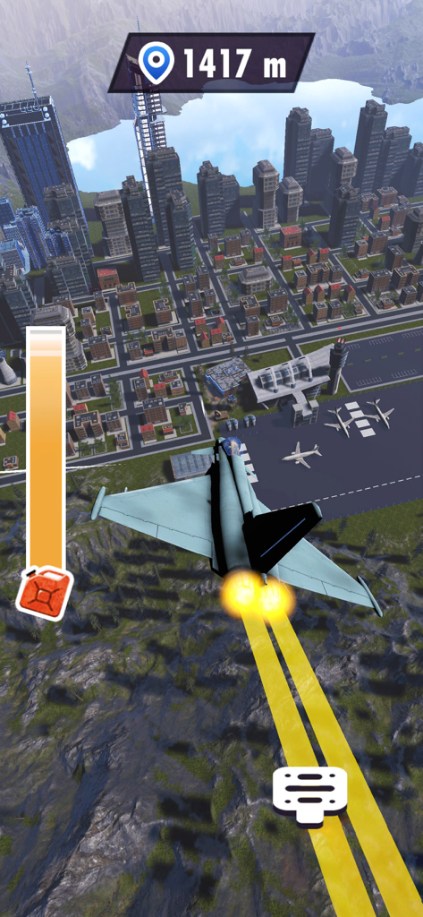 A jet fighter flying over a 3D city towards an airport runway in Airplane Crash Madness Game