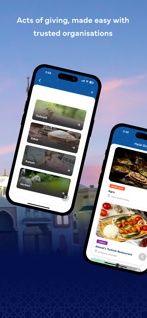 Amal by Malaysia Airlines - Interface of the Amal by Malaysia Airlines app showing options for charitable giving and halal restaurant listings.
