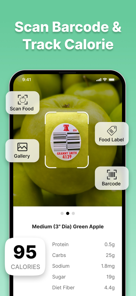 Calorie AI - Food Cal Counter - Calorie AIアプリのインターフェース。緑色のリンゴのバーコードをスキャンして、カロリーとマクロ栄養素の情報を表示しています。