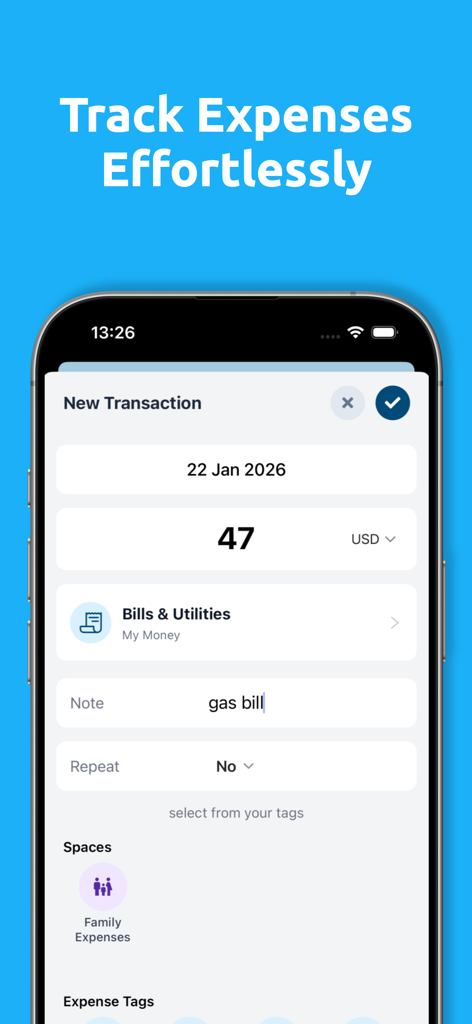 YA Money Tracker - YA Money Tracker app interface showing the new transaction screen for adding a gas bill expense.