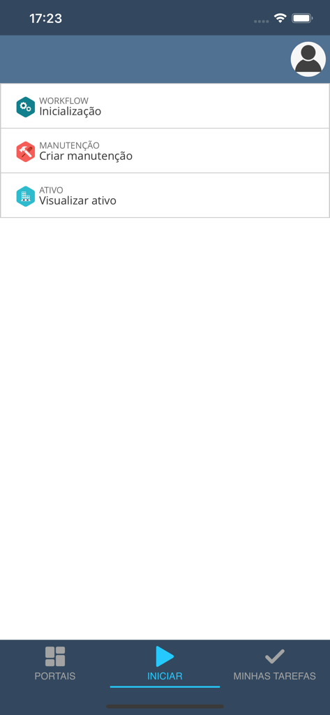 SoftExpert Suite - SoftExpert Suite mobile app interface displaying the start menu with options to initiate workflows create maintenance and view assets