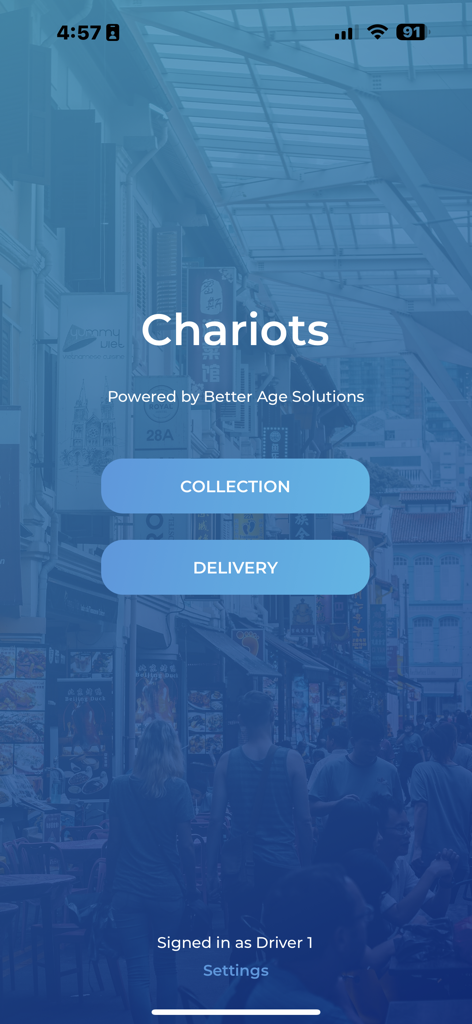 Main menu of the Chariots logistics app showing collection and delivery options for drivers