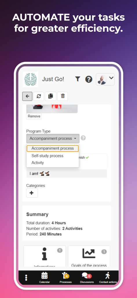 Cognito App interface showing task automation settings and program type selection for professional coaches.