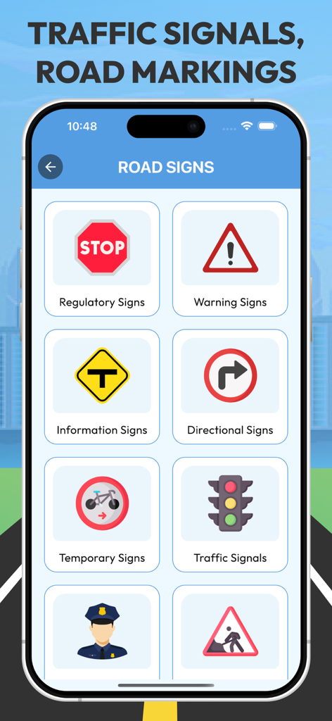 Menu of road sign categories in the Highway Code Zambia app showing regulatory warning and information signs