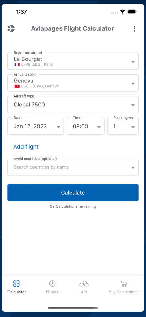 Interfaccia dell'app mobile Aviapages Flight Calculator che mostra i campi di pianificazione della rotta di volo per un aeromobile Global 7500