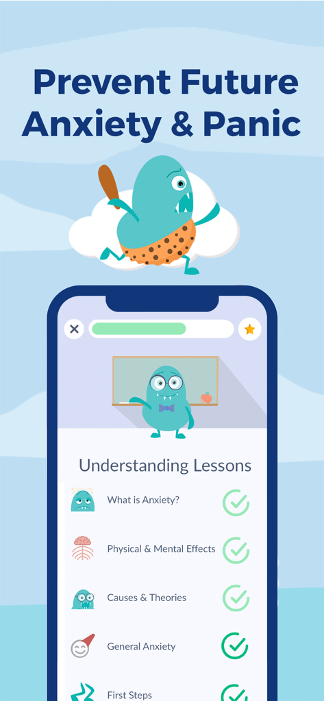 Rootd app interface showing educational lessons for anxiety and panic prevention with progress checkmarks.