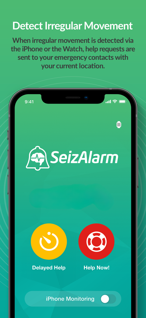 SeizAlarm - SeizAlarm app interface on an iPhone showing buttons for Delayed Help and Help Now with movement detection details