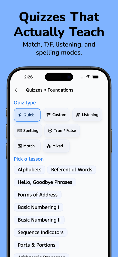 Captura de tela do aplicativo de idioma persa mostrando vários modos de quiz como ortografia, audição e correspondência para iniciantes.