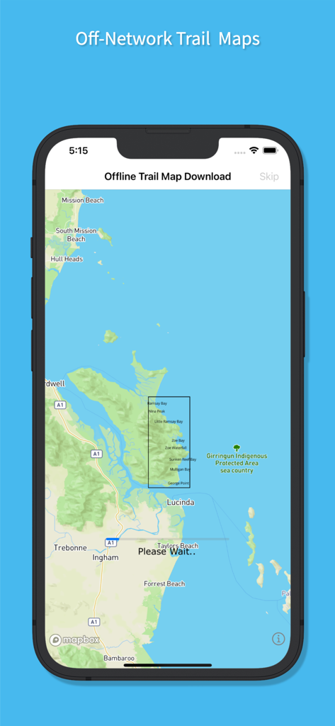 Écran d'iPhone affichant l'interface de téléchargement de carte hors ligne pour l'application de navigation Thorsborne Trail montrant l'île Hinchinbrook