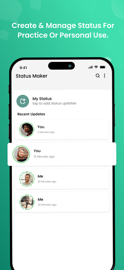 ChatsMock Chat Text - Interface of the Status Maker feature in ChatsMock showing a list of simulated social media status updates with profile pictures and timestamps.