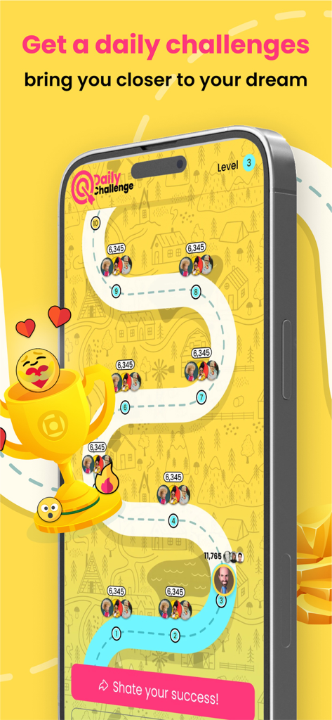 Dreemz - Interfaz de la aplicación Dreemz que muestra un camino gamificado con hitos y desafíos diarios para la fijación de metas