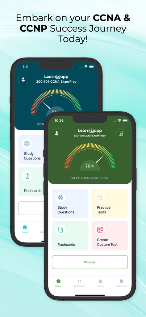 Interfaz de la aplicación CCNA y CCNP Cisco Exam Prep que muestra la puntuación de preparación y las funciones de estudio