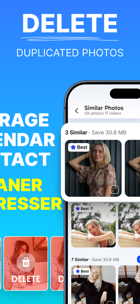 Memoria AI:Cleaner & Optimizer - Interfaz de la aplicación Memoria AI que identifica y sugiere fotos similares para eliminar y ahorrar espacio de almacenamiento en un iPhone.