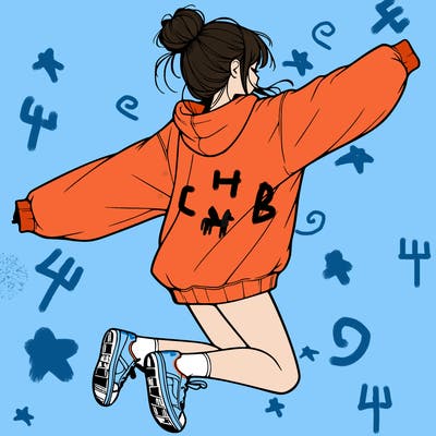realistic girl jumping with a bun and oversized sweatshirt