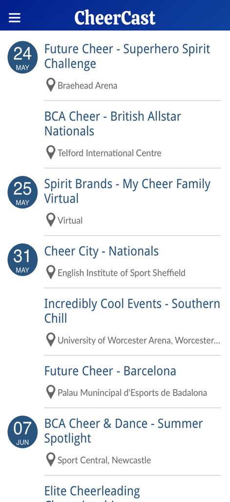 CheerCast - CheerCast app screen displaying a list of upcoming cheerleading events with dates and locations