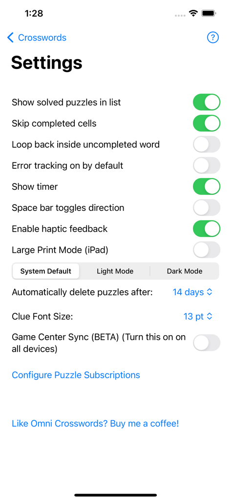 Omni Crosswords - Settings menu of the Omni Crosswords app showing puzzle customization and appearance options.