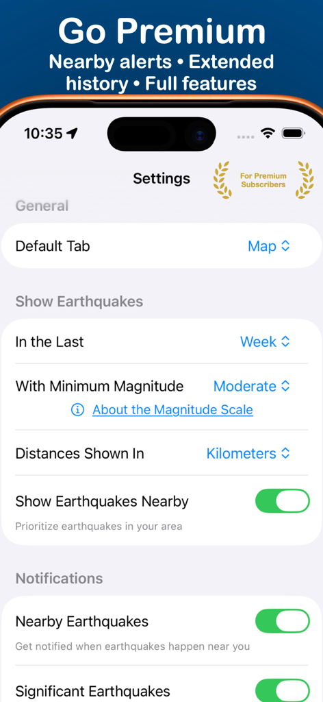 QuakeInfo: Seismic Monitoring - Schermata delle impostazioni dell'app QuakeInfo che mostra funzionalità premium e opzioni di notifica.