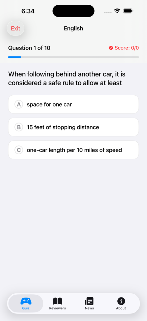 LTO Driver's Exam Reviewer - Questão de quiz de prática em inglês no aplicativo LTO Driver's Exam Reviewer sobre distância segura de acompanhamento.