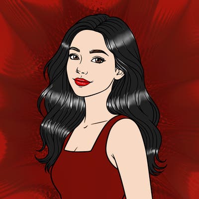 a girl that is close up. her hair has little waves. her hair is around waist length. she is facing towards the camera and has to hair tilted while looking to the side like she is looking at someone. she has a soft smile on her face and she is really pretty. she is wearing a square neck shirt with tank top like sleeves.