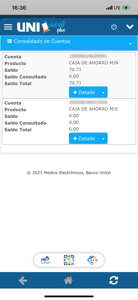 Resumen de cuenta en la aplicación UNImovil Plus que muestra saldos de cuentas de ahorro en moneda local y extranjera.