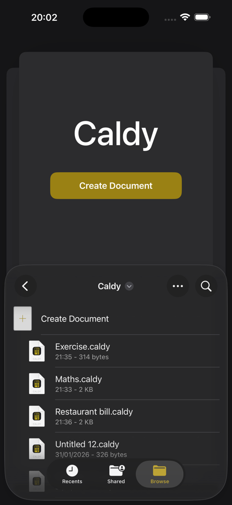 Caldy - Caldy app interface showing the document browser with saved calculation files.