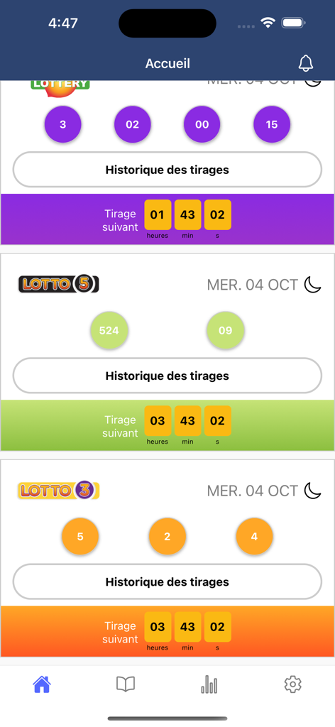 Boulpam app home screen displaying lottery results for New York and Lotto games with countdown timers for the next draws