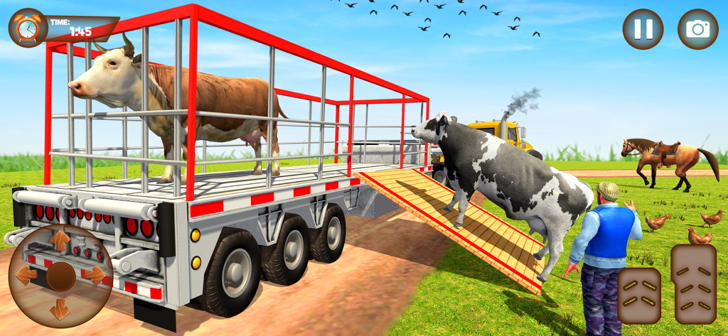Animal Games : Truck Simulator - A 3D simulation game screen showing a cow walking up a ramp into a transport truck trailer on a farm.