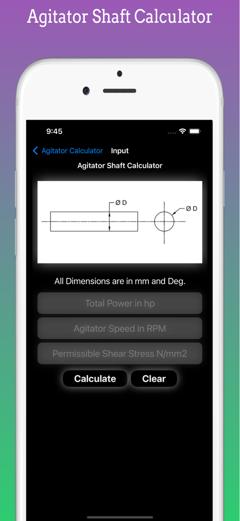 Agitator Design Pro - Agitator Shaft Calculator screen showing input fields for power speed and permissible shear stress