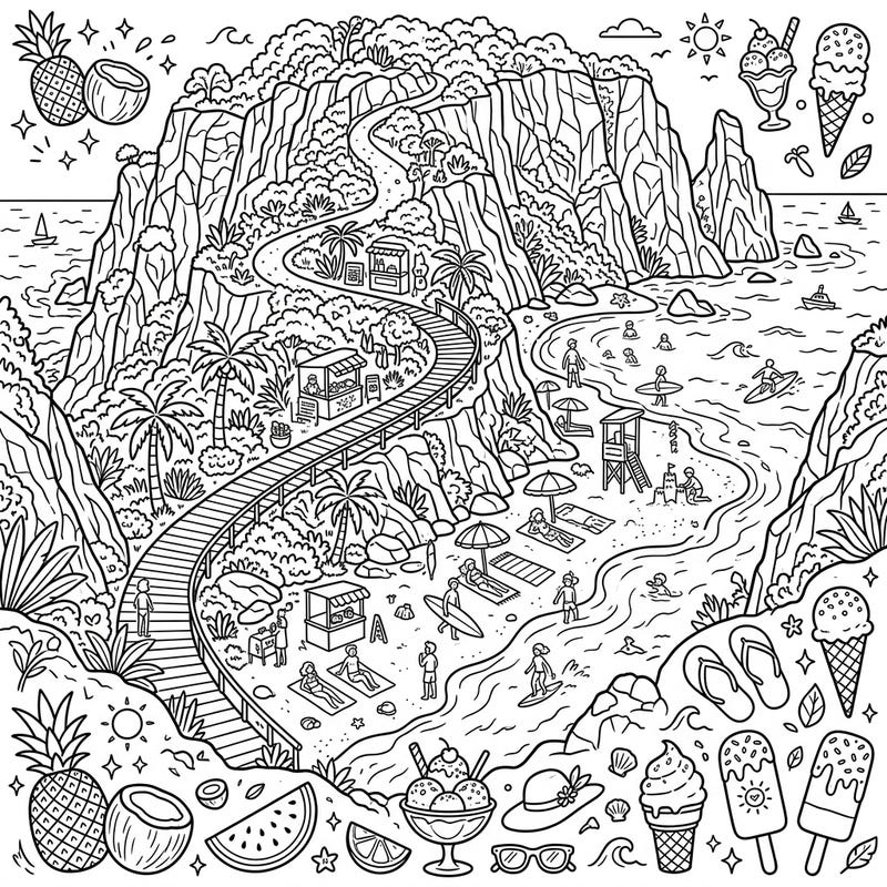 Dive into the ultimate summer adventure with our Cliffside Beaches coloring page! This captivating illustration brings to life a bustling beach scene nestled beneath majestic cliffs, perfect for a sunny escape.
