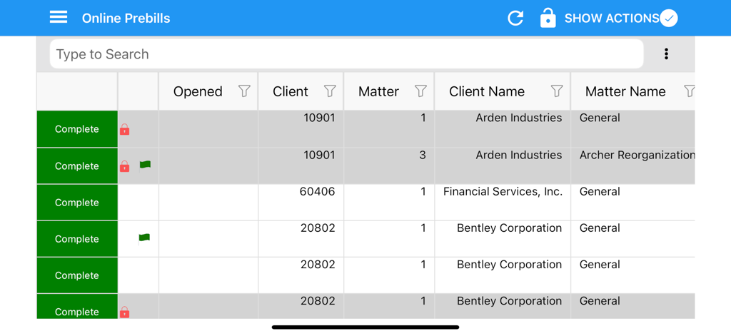 PrebillViewer - PrebillViewer app interface showing a list of online prebills with client and matter names
