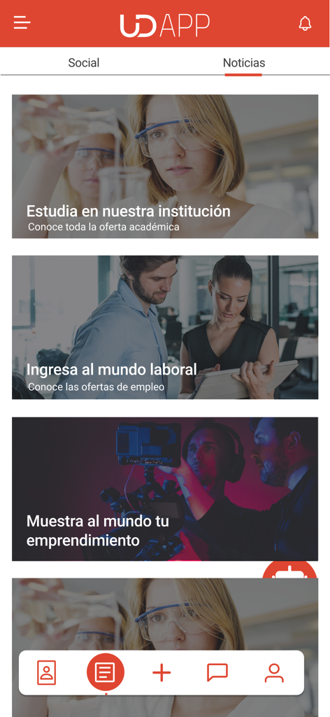 Seção de notícias do U Distrital App exibindo informações acadêmicas e oportunidades de emprego