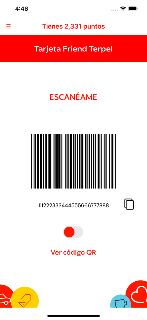 Terpel Friend - Pantalla de tarjeta de lealtad digital en la aplicación Terpel Friend que muestra un código de barras para escanear y los puntos de recompensa totales