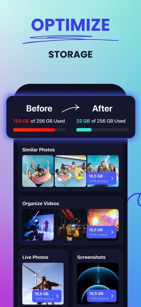 Interfaz de la aplicación Cleaner Guru que muestra una comparación del uso del almacenamiento antes y después de la optimización con opciones para limpiar fotos y vídeos similares