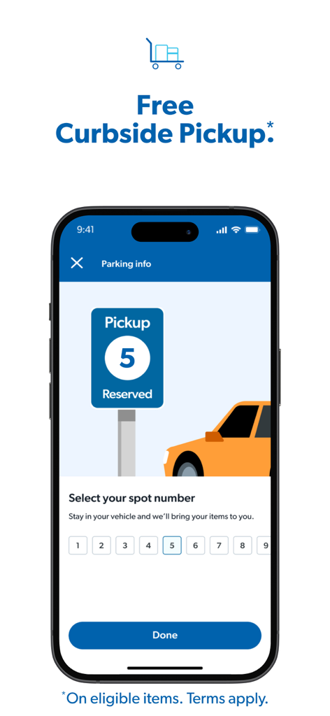 Sam's Club: Pickup & Delivery - Interfaz de la aplicación móvil para seleccionar un lugar de estacionamiento para la recogida en la acera de Sam's Club