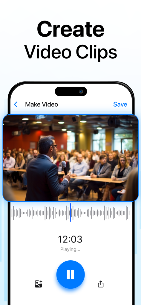 Voice Recorder・Audio Recording - プロのセミナーの写真を追加して、オーディオ録音からビデオクリップを作成する方法を示すボイスレコーダーアプリインターフェイス