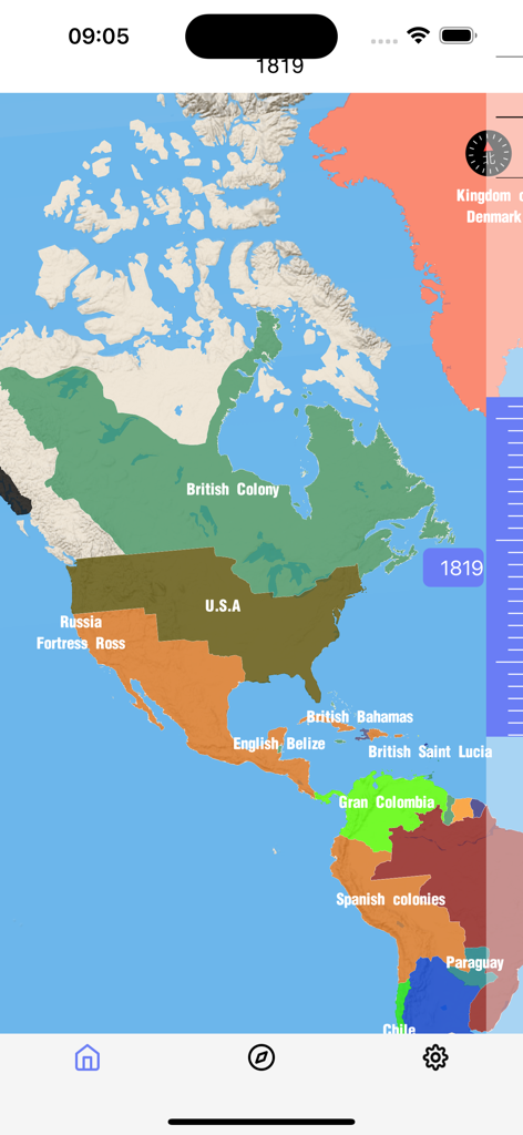 Historical map of North and South America in the year 1819 showing territorial borders