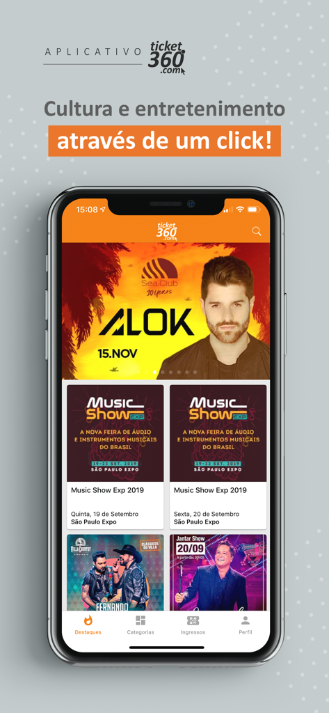 Ticket360 - Ticket360 mobile app interface displaying concert and event listings in Brazil