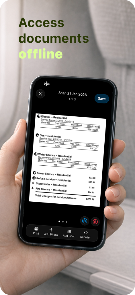 App Docsy mostrando documentos escaneados disponibles sin conexión en un iPhone