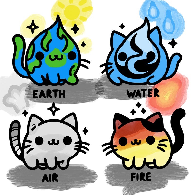 4 cats that represent the different elements, earth, water, air, and fire