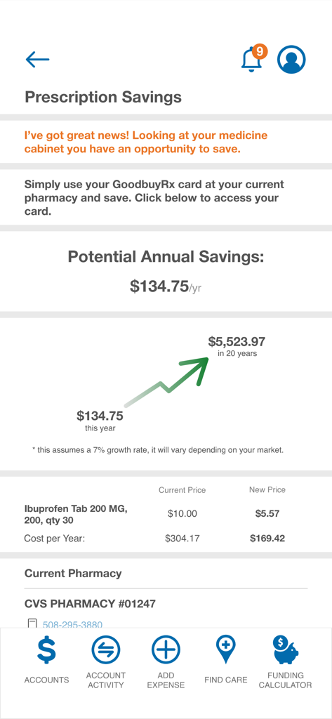 WealthCare app screen showing potential annual prescription savings and medication price comparison at CVS pharmacy